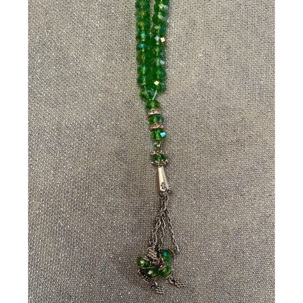 Vintage 60s Green Beaded Necklace 1960s Retro Pastel Dangle Crystal Hippie Mod